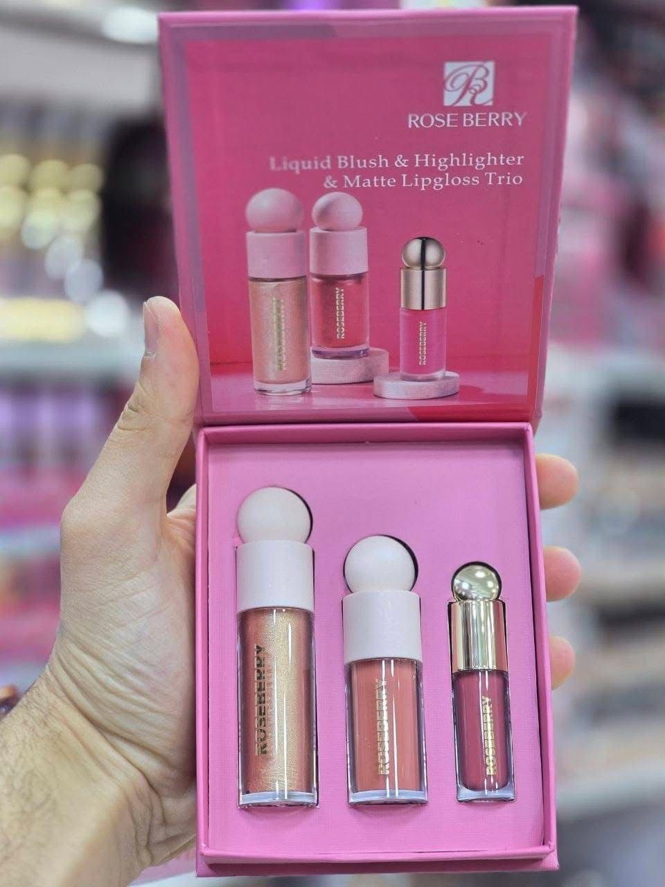 Rose berry set highlighter+ liquid blush+ lip matte